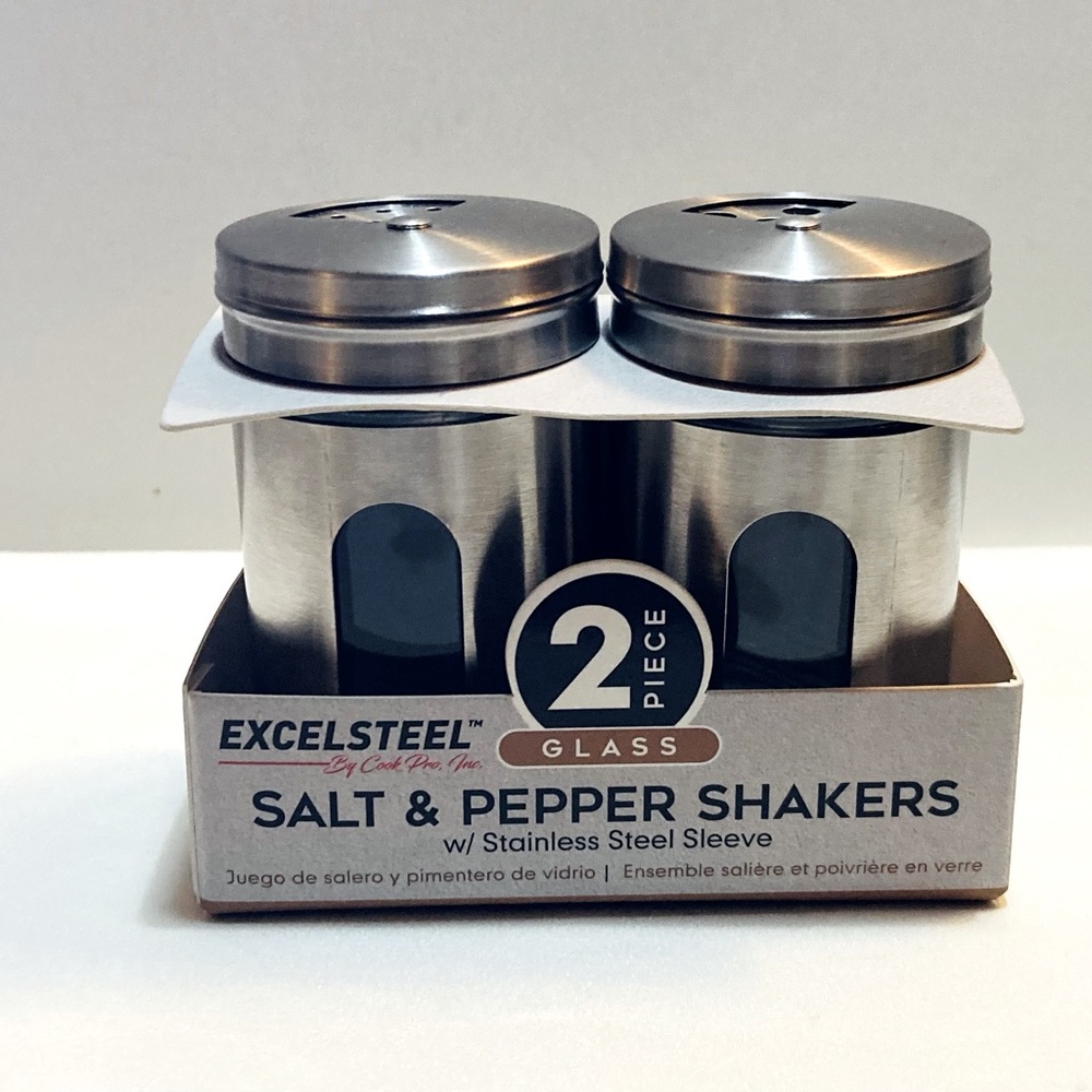 SALT AND PEPPER SHAKERS GLASS AND STEEL NWT